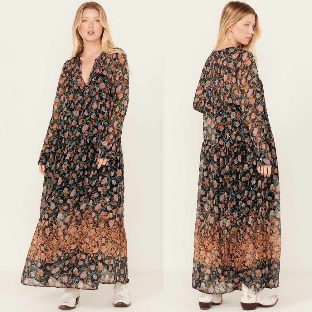 NWT Free People See It Through Floral Chiffon Maxi Dress Long Sleeve Sz XS - Picture 5 of 12
